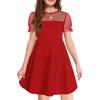 Haloumoning Girls Contrast Mesh Puff Short Sleeve Dress Kids High Waist A Line Casual Dresses with Pockets 4-14 Years(Red)