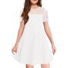 Haloumoning Girls Contrast Mesh Puff Short Sleeve Dress Kids High Waist A Line Casual Dresses with Pockets 4-14 Years(White)