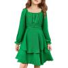 Haloumoning Girls Fall Dress Long Sleeve Off Shoulder Puff Sleeve Ruffle Tiered Layer Party Dresses 7-14 Years(Green)