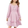 Haloumoning Girls Fall Dress Long Sleeve Off Shoulder Puff Sleeve Ruffle Tiered Layer Party Dresses 7-14 Years(Pink)
