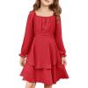 Haloumoning Girls Fall Dress Long Sleeve Off Shoulder Puff Sleeve Ruffle Tiered Layer Party Dresses 7-14 Years(Red)