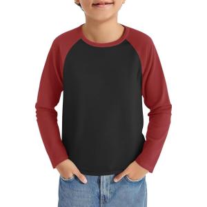 Haloumoning Boys Long Sleeve Raglan T Shirts Kids Color Block Crewneck Casual Tops Tees 4-14 Years(Black and Red)