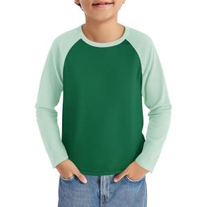 Haloumoning Boys Long Sleeve Raglan T Shirts Kids Color Block Crewneck Casual Tops Tees 4-14 Years(Dark Green)
