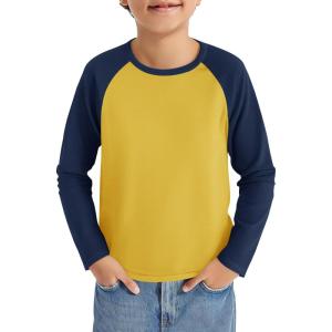 Haloumoning Boys Long Sleeve Raglan T Shirts Kids Color Block Crewneck Casual Tops Tees 4-14 Years(Dark Yellow)