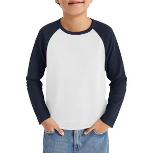 Haloumoning Boys Long Sleeve Raglan T Shirts Kids Color Block Crewneck Casual Tops Tees 4-14 Years(White and Navy Blue)