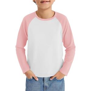 Haloumoning Boys Long Sleeve Raglan T Shirts Kids Color Block Crewneck Casual Tops Tees 4-14 Years(White and Pink)