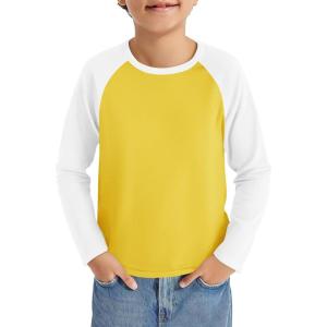 Haloumoning Boys Long Sleeve Raglan T Shirts Kids Color Block Crewneck Casual Tops Tees 4-14 Years(Yellow)