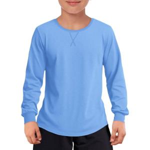 Haloumoning Boys Long Sleeve Shirts Kids Casual Crewneck Fall Tops Curve Hem Basic Tees 5-14Y(Blue)