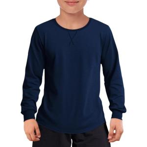 Haloumoning Boys Long Sleeve Shirts Kids Casual Crewneck Fall Tops Curve Hem Basic Tees 5-14Y(Navy)