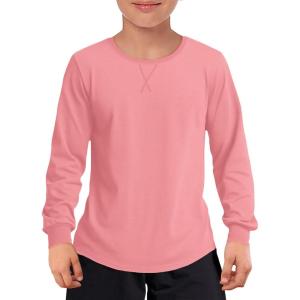 Haloumoning Boys Long Sleeve Shirts Kids Casual Crewneck Fall Tops Curve Hem Basic Tees 5-14Y(Pink)