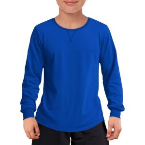 Haloumoning Boys Long Sleeve Shirts Kids Casual Crewneck Fall Tops Curve Hem Basic Tees 5-14Y(Royal Blue)