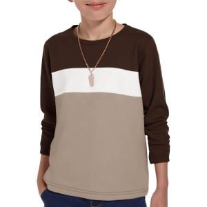 Haloumoning Boys Long Sleeve Shirts Kids Fashion Fall Tops Crewneck Color Block Tees 5-14Y(Dark Brown)