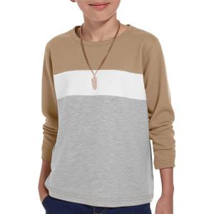 Haloumoning Boys Long Sleeve Shirts Kids Fashion Fall Tops Crewneck Color Block Tees 5-14Y(Khaki)