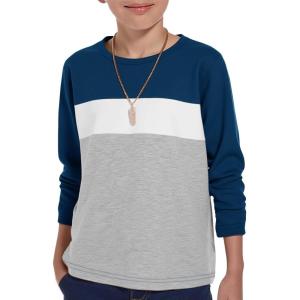 Haloumoning Boys Long Sleeve Shirts Kids Fashion Fall Tops Crewneck Color Block Tees 5-14Y(Navy)