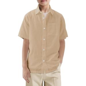 Haloumoning Boys Short Sleeve Button Down Shirt Kids Dress Shirts Formal Uniform Shirt with Pocket 5-14 Years(Apricot)