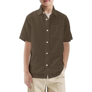 Haloumoning Boys Short Sleeve Button Down Shirt Kids Dress Shirts Formal Uniform Shirt with Pocket 5-14 Years(Army Green)