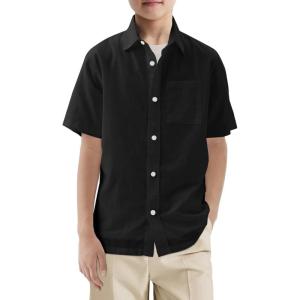 Haloumoning Boys Short Sleeve Button Down Shirt Kids Dress Shirts Formal Uniform Shirt with Pocket 5-14 Years(Black)