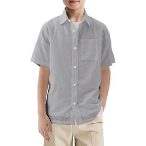 Haloumoning Boys Short Sleeve Button Down Shirt Kids Dress Shirts Formal Uniform Shirt with Pocket 5-14 Years(Grey)