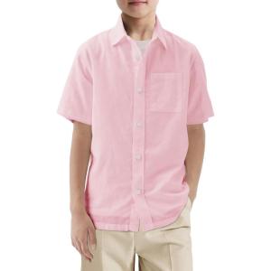 Haloumoning Boys Short Sleeve Button Down Shirt Kids Dress Shirts Formal Uniform Shirt with Pocket 5-14 Years(Light Pink)