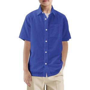 Haloumoning Boys Short Sleeve Button Down Shirt Kids Dress Shirts Formal Uniform Shirt with Pocket 5-14 Years(Royal Blue)