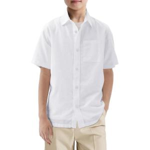 Haloumoning Boys Short Sleeve Button Down Shirt Kids Dress Shirts Formal Uniform Shirt with Pocket 5-14 Years(White)
