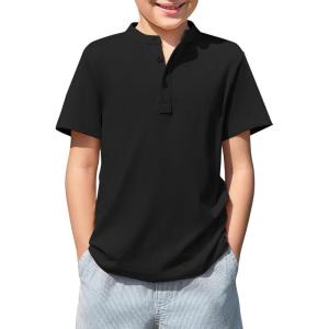 Haloumoning Boys Short Sleeve Henley Shirt Kids Casual Button Front Summer T-Shirts Tops Tees 5-14 Years(Black)