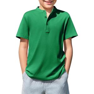 Haloumoning Boys Short Sleeve Henley Shirt Kids Casual Button Front Summer T-Shirts Tops Tees 5-14 Years(Dark Green)
