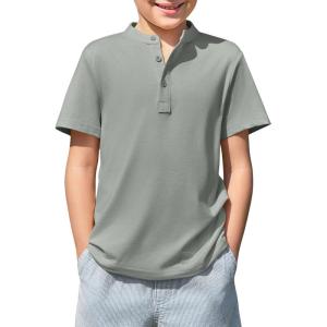Haloumoning Boys Short Sleeve Henley Shirt Kids Casual Button Front Summer T-Shirts Tops Tees 5-14 Years(Grey)