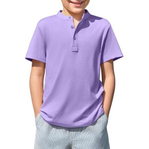 Haloumoning Boys Short Sleeve Henley Shirt Kids Casual Button Front Summer T-Shirts Tops Tees 5-14 Years(Purple)