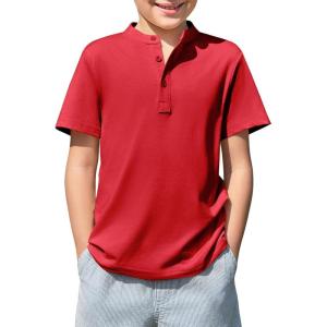 Haloumoning Boys Short Sleeve Henley Shirt Kids Casual Button Front Summer T-Shirts Tops Tees 5-14 Years(Red)