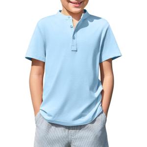 Haloumoning Boys Short Sleeve Henley Shirt Kids Casual Button Front Summer T-Shirts Tops Tees 5-14 Years(Sky Blue)