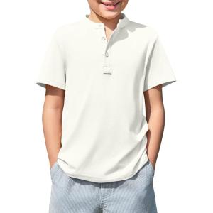 Haloumoning Boys Short Sleeve Henley Shirt Kids Casual Button Front Summer T-Shirts Tops Tees 5-14 Years(White)