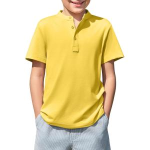 Haloumoning Boys Short Sleeve Henley Shirt Kids Casual Button Front Summer T-Shirts Tops Tees 5-14 Years(Yellow)