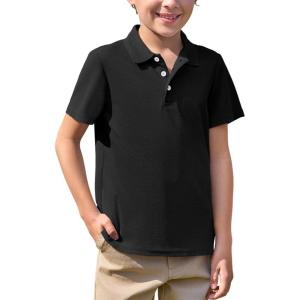 Haloumoning Boys Short Sleeve Polo Shirt Kids Collared School Uniform Shirts 5-14 Years(Black)