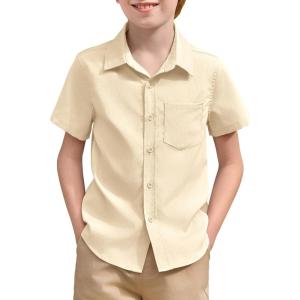 Haloumoning Boys Short Sleeve Textured Dress Shirts Kids School Uniform Button Down Shirt with Chest Pocket 5-14 Years(Beige)