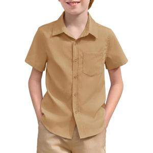 Haloumoning Boys Short Sleeve Textured Dress Shirts Kids School Uniform Button Down Shirt with Chest Pocket 5-14 Years(Brown)