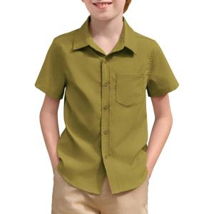 Haloumoning Boys Short Sleeve Textured Dress Shirts Kids School Uniform Button Down Shirt with Chest Pocket 5-14 Years(Olive Green)