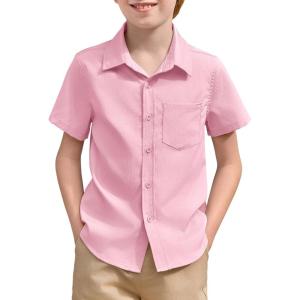 Haloumoning Boys Short Sleeve Textured Dress Shirts Kids School Uniform Button Down Shirt with Chest Pocket 5-14 Years(Pink)