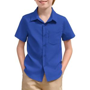 Haloumoning Boys Short Sleeve Textured Dress Shirts Kids School Uniform Button Down Shirt with Chest Pocket 5-14 Years(Royal Blue)