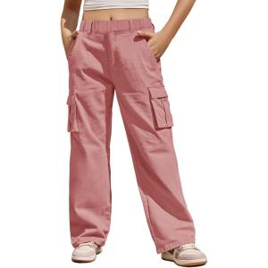 Haloumoning Girls Cargo Pants Casual Baggy Wide Leg Elastic Waist Jogger Trousers with Pockets 5-14 Years(Pink)