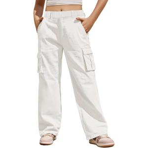 Haloumoning Girls Cargo Pants Casual Baggy Wide Leg Elastic Waist Jogger Trousers with Pockets 5-14 Years(White)