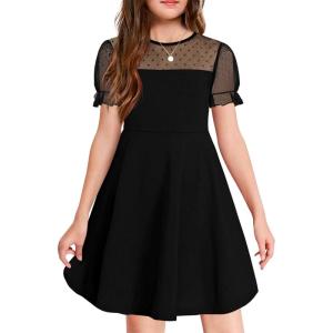 Haloumoning Girls Contrast Mesh Puff Short Sleeve Dress Kids High Waist A Line Casual Dresses with Pockets 4-14 Years(Black)