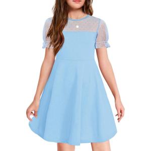 Haloumoning Girls Contrast Mesh Puff Short Sleeve Dress Kids High Waist A Line Casual Dresses with Pockets 4-14 Years(Blue)