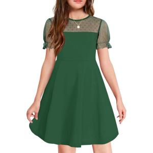 Haloumoning Girls Contrast Mesh Puff Short Sleeve Dress Kids High Waist A Line Casual Dresses with Pockets 4-14 Years(Dark Green)