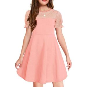 Haloumoning Girls Contrast Mesh Puff Short Sleeve Dress Kids High Waist A Line Casual Dresses with Pockets 4-14 Years(Dark Pink)