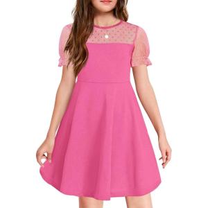 Haloumoning Girls Contrast Mesh Puff Short Sleeve Dress Kids High Waist A Line Casual Dresses with Pockets 4-14 Years(Hot Pink)