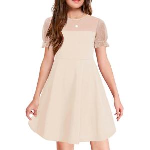 Haloumoning Girls Contrast Mesh Puff Short Sleeve Dress Kids High Waist A Line Casual Dresses with Pockets 4-14 Years(Khaki)