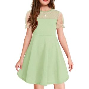 Haloumoning Girls Contrast Mesh Puff Short Sleeve Dress Kids High Waist A Line Casual Dresses with Pockets 4-14 Years(Light Green)