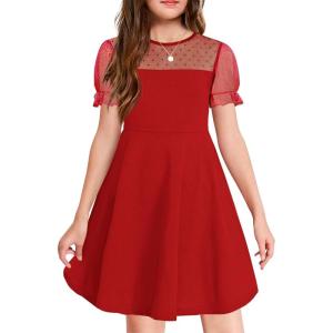 Haloumoning Girls Contrast Mesh Puff Short Sleeve Dress Kids High Waist A Line Casual Dresses with Pockets 4-14 Years(Red)