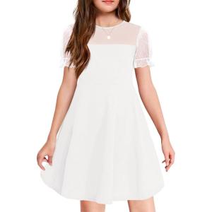 Haloumoning Girls Contrast Mesh Puff Short Sleeve Dress Kids High Waist A Line Casual Dresses with Pockets 4-14 Years(White)